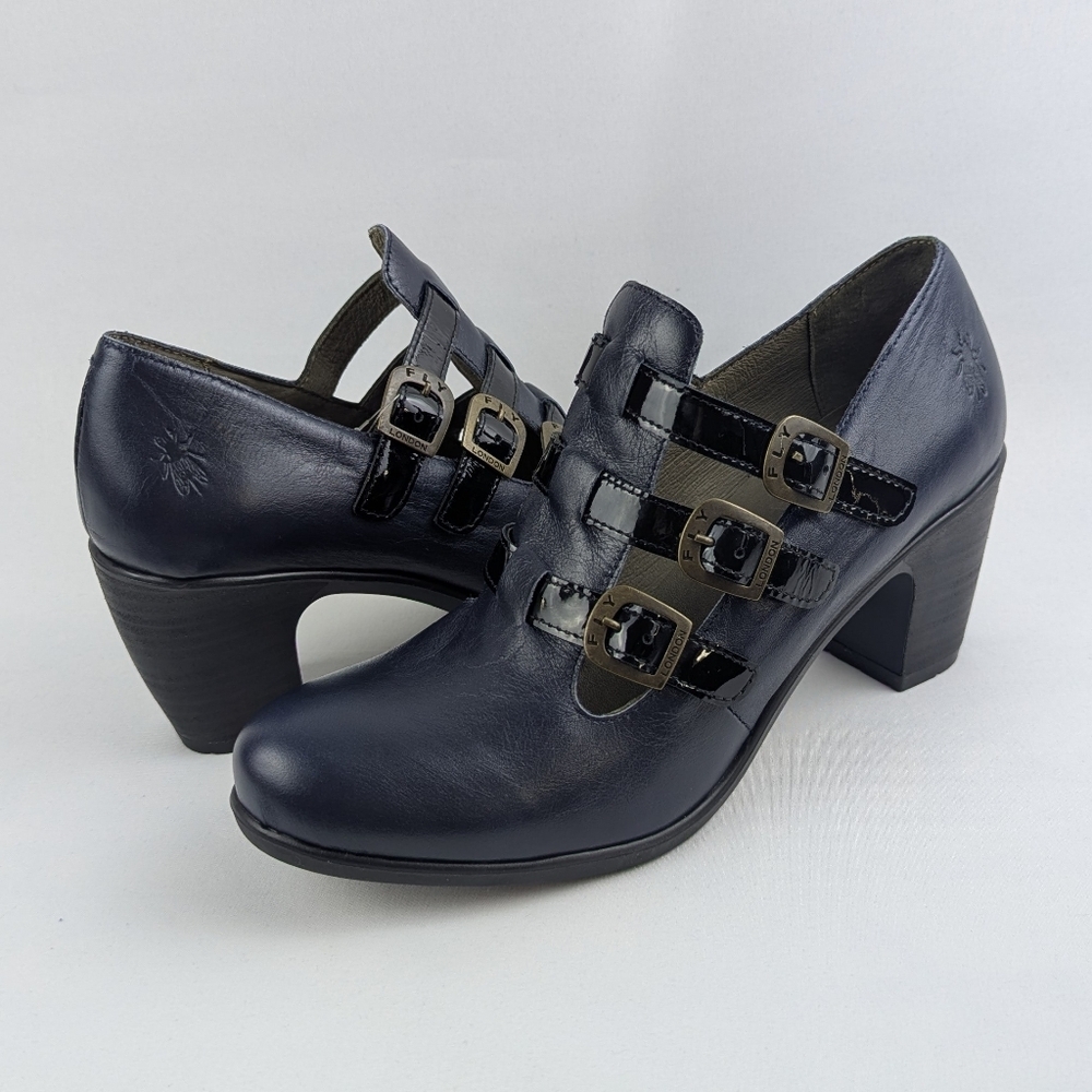FLY London Kacy Ankle Boot Leather Buckle Straps Navy Black EU41 US 10-10.5 NWT